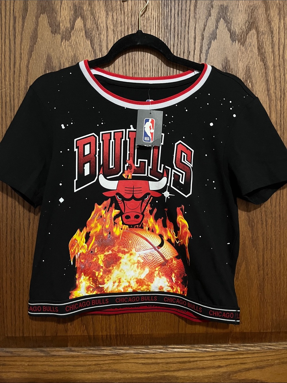 NBA Chicago Bulls Black Short Sleeve Tee with Red and Orange Flame Graphic